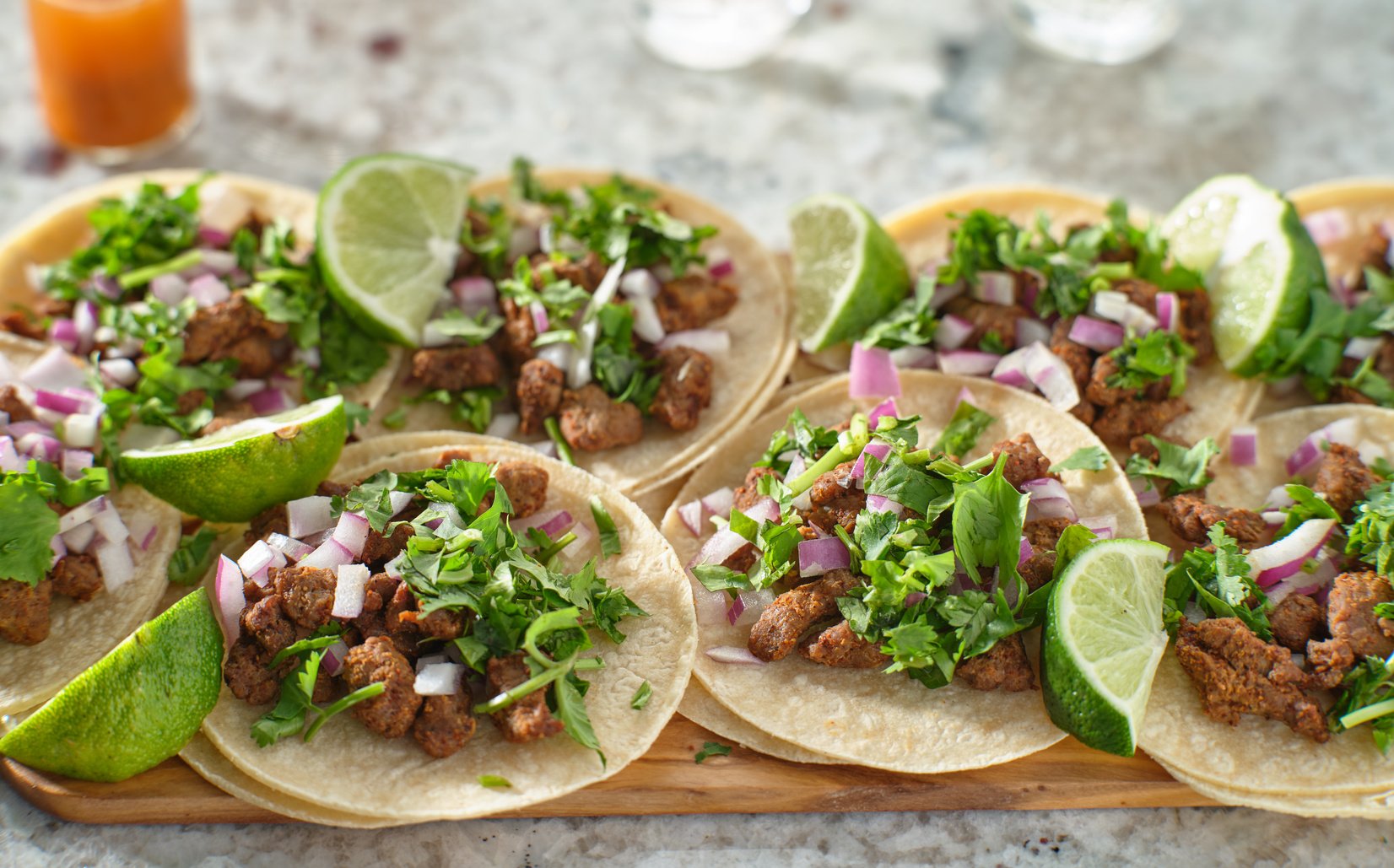 Carne Asada Tacos on a Serving Board